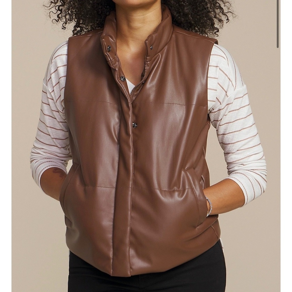 Maurices Faux Leather Puffer Vest Brown Cognac Vegan Zip Front Repreve NWT